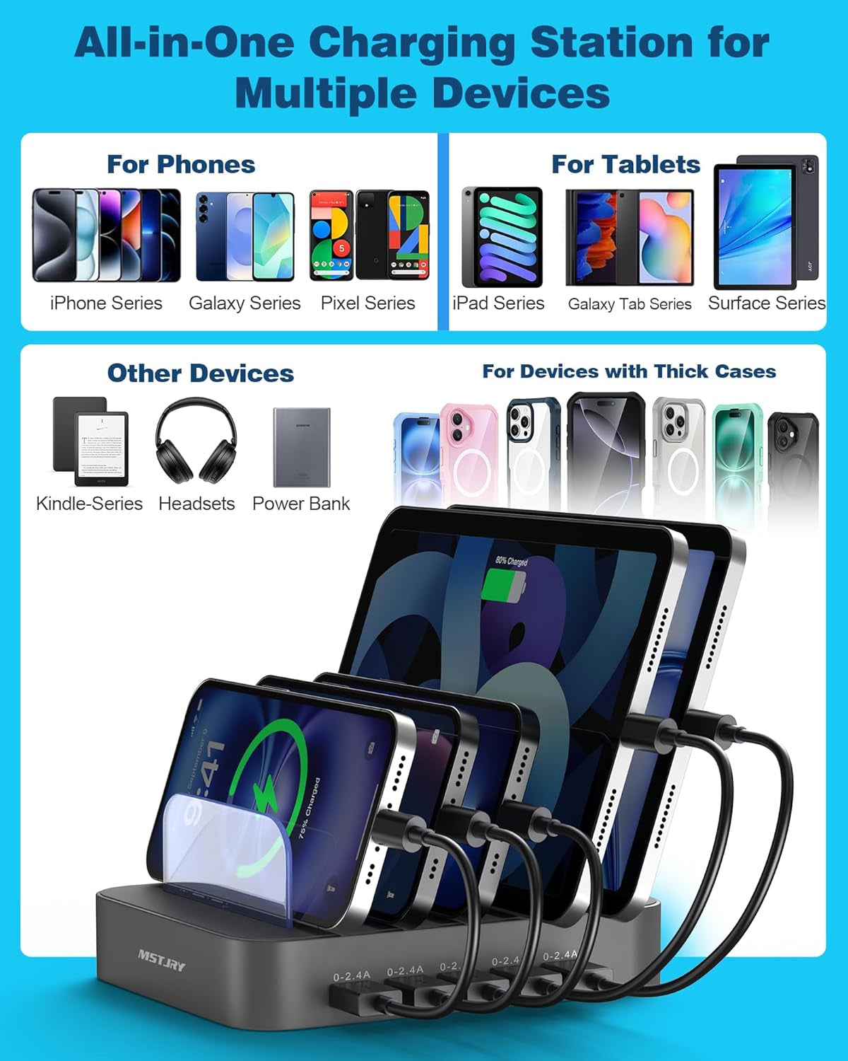 Charging Station for Multiple Devices,  5 Port Multi USB Charger Station with Power Switch Designed for Iphone Ipad Cell Phone Tablets (Gray, 7 Mixed Short Cables Included)