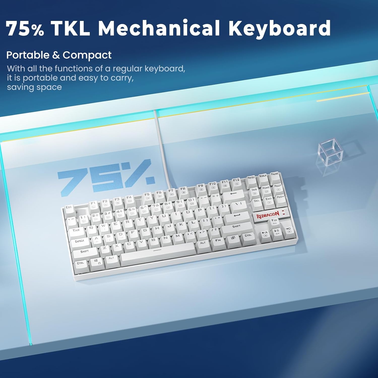 K552P Mechanical Gaming Keyboard TKL with 18 Backlight Modes, Hot-Swappable Blue Switches, 87-Key Compact Ergonomic Design, N-Key Rollover & Software Programmable Macro - RGB, White