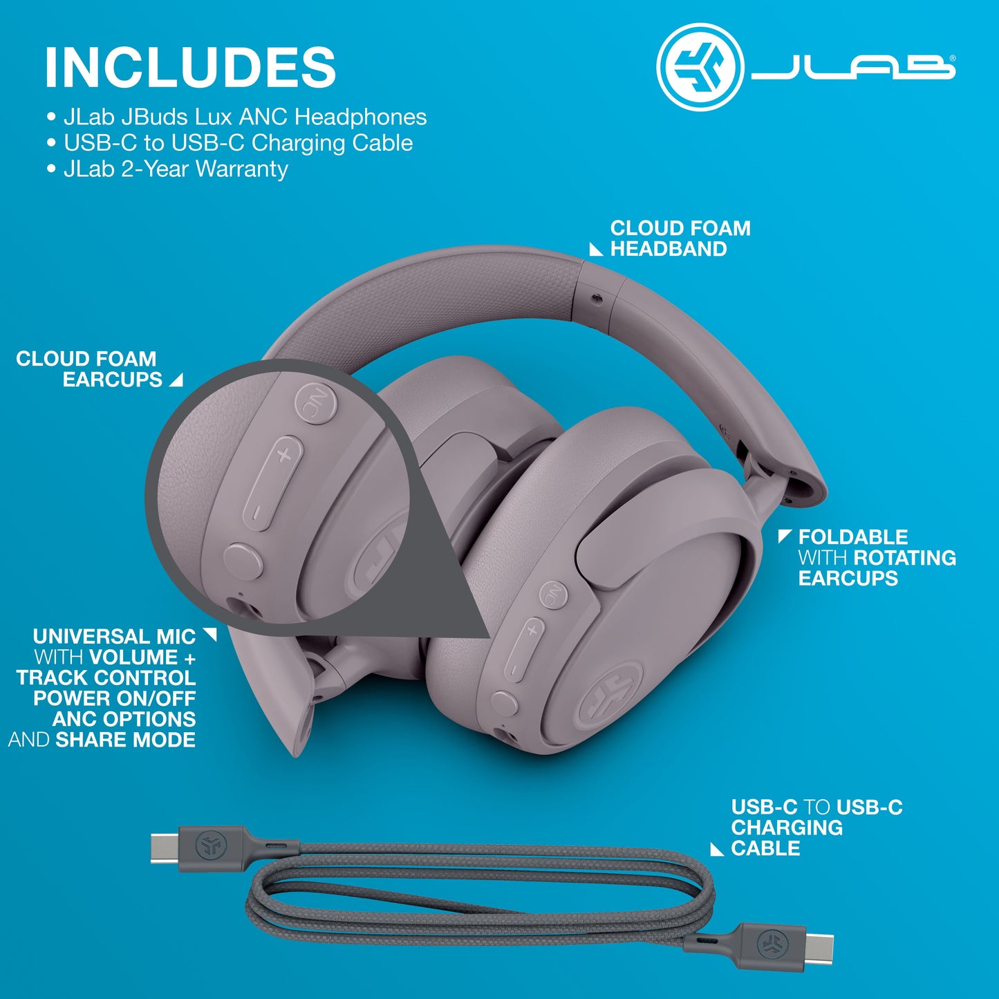 Jbuds Lux ANC Over-Ear Wireless Headphones, 70-Hour Battery, Mauve