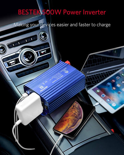 500W Power Inverter DC 12V to 110V AC Converter with 4.8A Dual USB Car Charger ETL Listed (Blue)