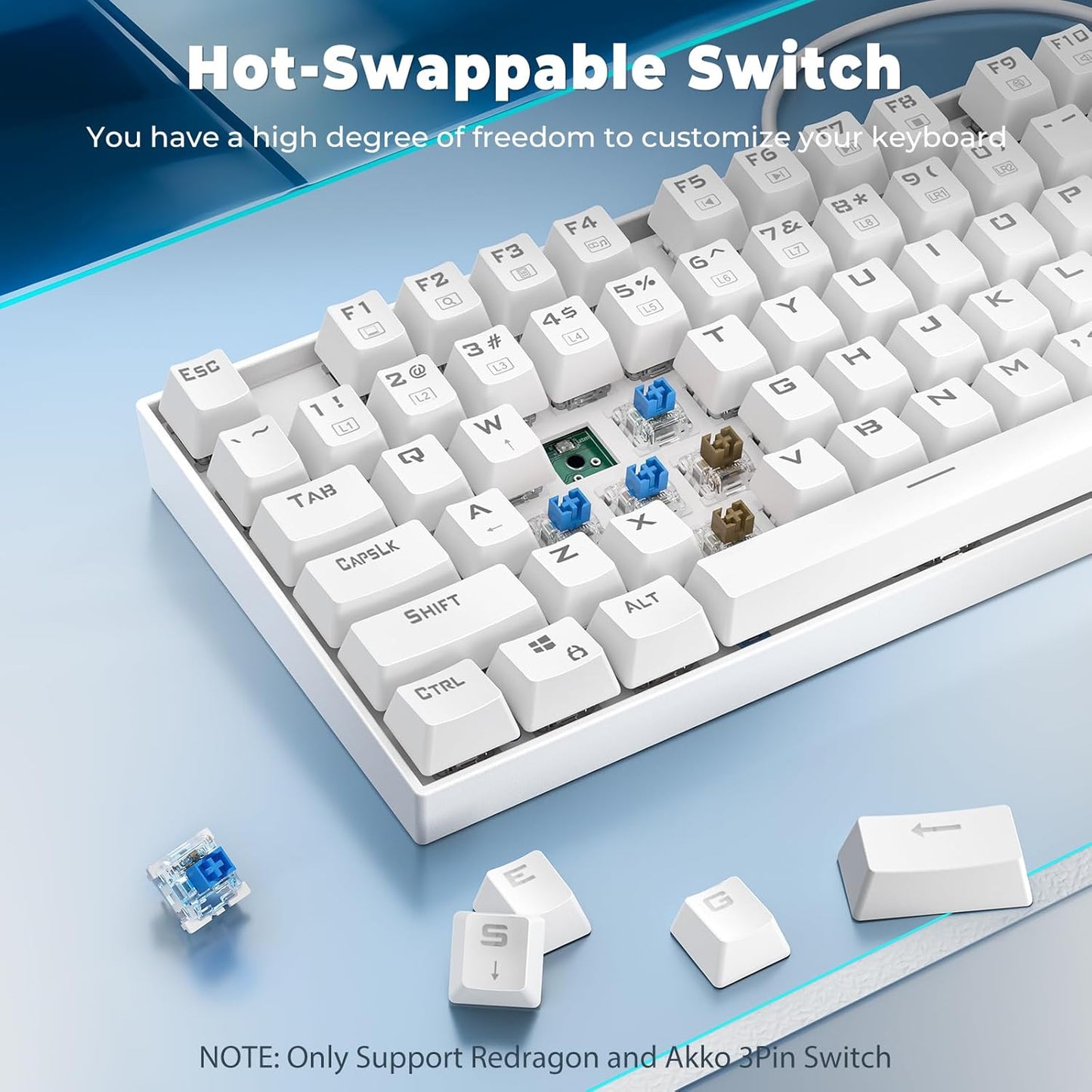 K552P Mechanical Gaming Keyboard TKL with 18 Backlight Modes, Hot-Swappable Blue Switches, 87-Key Compact Ergonomic Design, N-Key Rollover & Software Programmable Macro - RGB, White