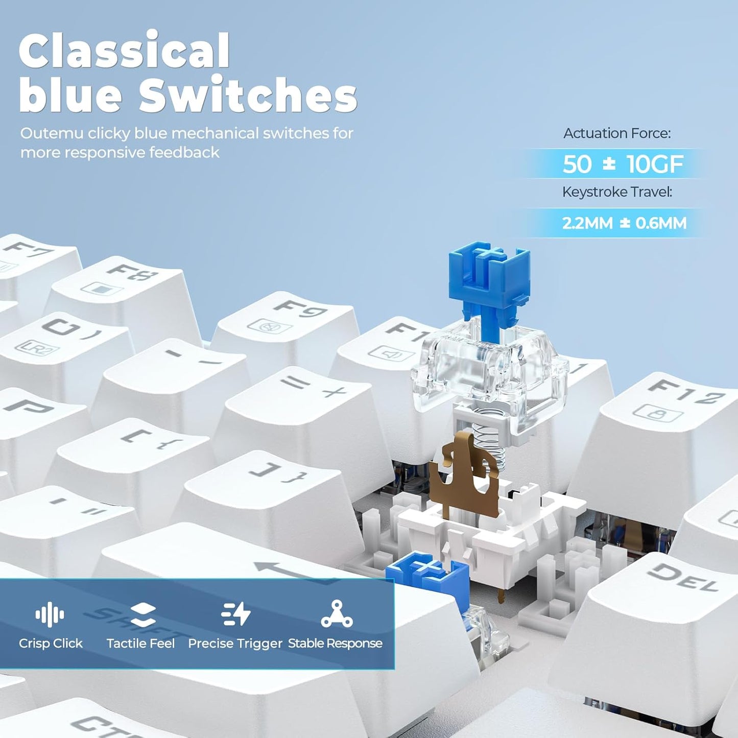 K552P Mechanical Gaming Keyboard TKL with 18 Backlight Modes, Hot-Swappable Blue Switches, 87-Key Compact Ergonomic Design, N-Key Rollover & Software Programmable Macro - RGB, White