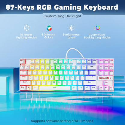 K552P Mechanical Gaming Keyboard TKL with 18 Backlight Modes, Hot-Swappable Blue Switches, 87-Key Compact Ergonomic Design, N-Key Rollover & Software Programmable Macro - RGB, White