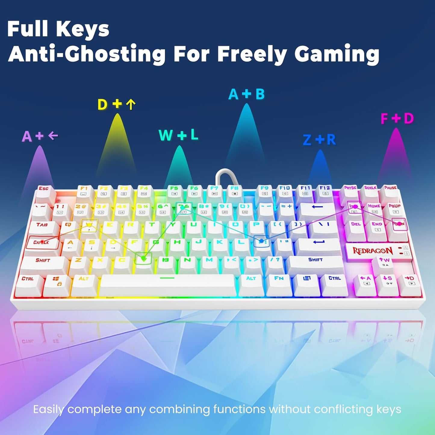K552P Mechanical Gaming Keyboard TKL with 18 Backlight Modes, Hot-Swappable Blue Switches, 87-Key Compact Ergonomic Design, N-Key Rollover & Software Programmable Macro - RGB, White