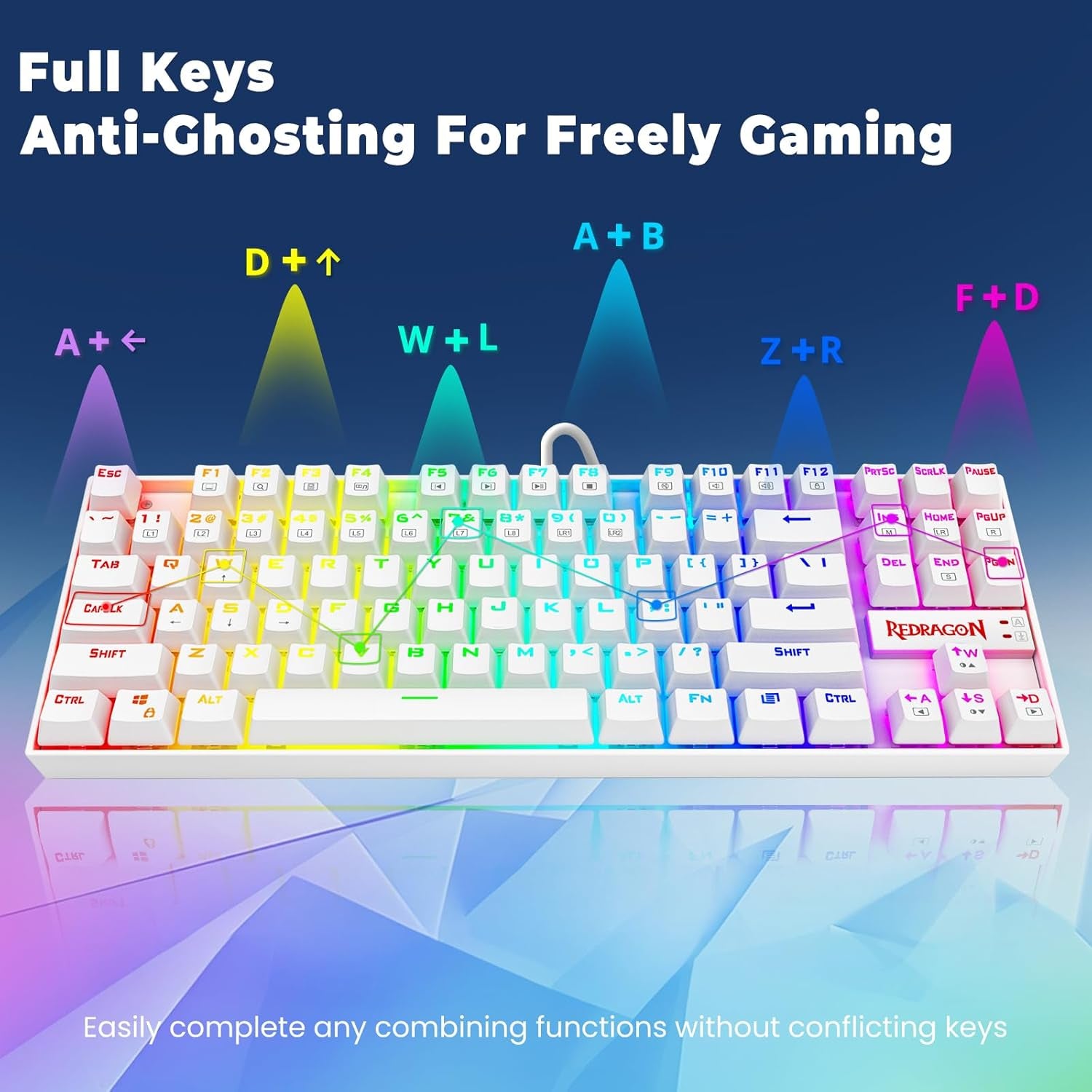 K552P Mechanical Gaming Keyboard TKL with 18 Backlight Modes, Hot-Swappable Blue Switches, 87-Key Compact Ergonomic Design, N-Key Rollover & Software Programmable Macro - RGB, White