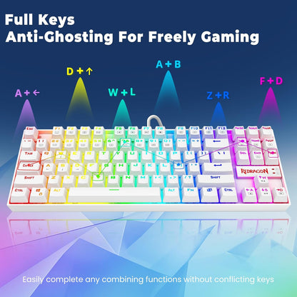 K552P Mechanical Gaming Keyboard TKL with 18 Backlight Modes, Hot-Swappable Blue Switches, 87-Key Compact Ergonomic Design, N-Key Rollover & Software Programmable Macro - RGB, White