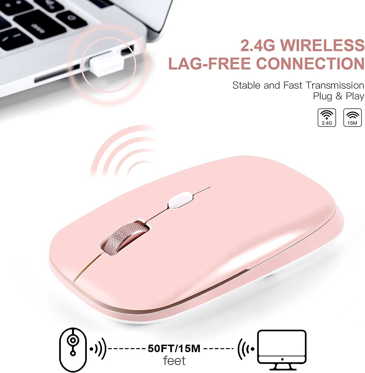 Wireless Flat Mouse, 2.4G Optical Mouse, Computer Mouse for Laptop, PC, Computer, Chromebook, Notebook, Especially Designed for Computer Bags (Pink)