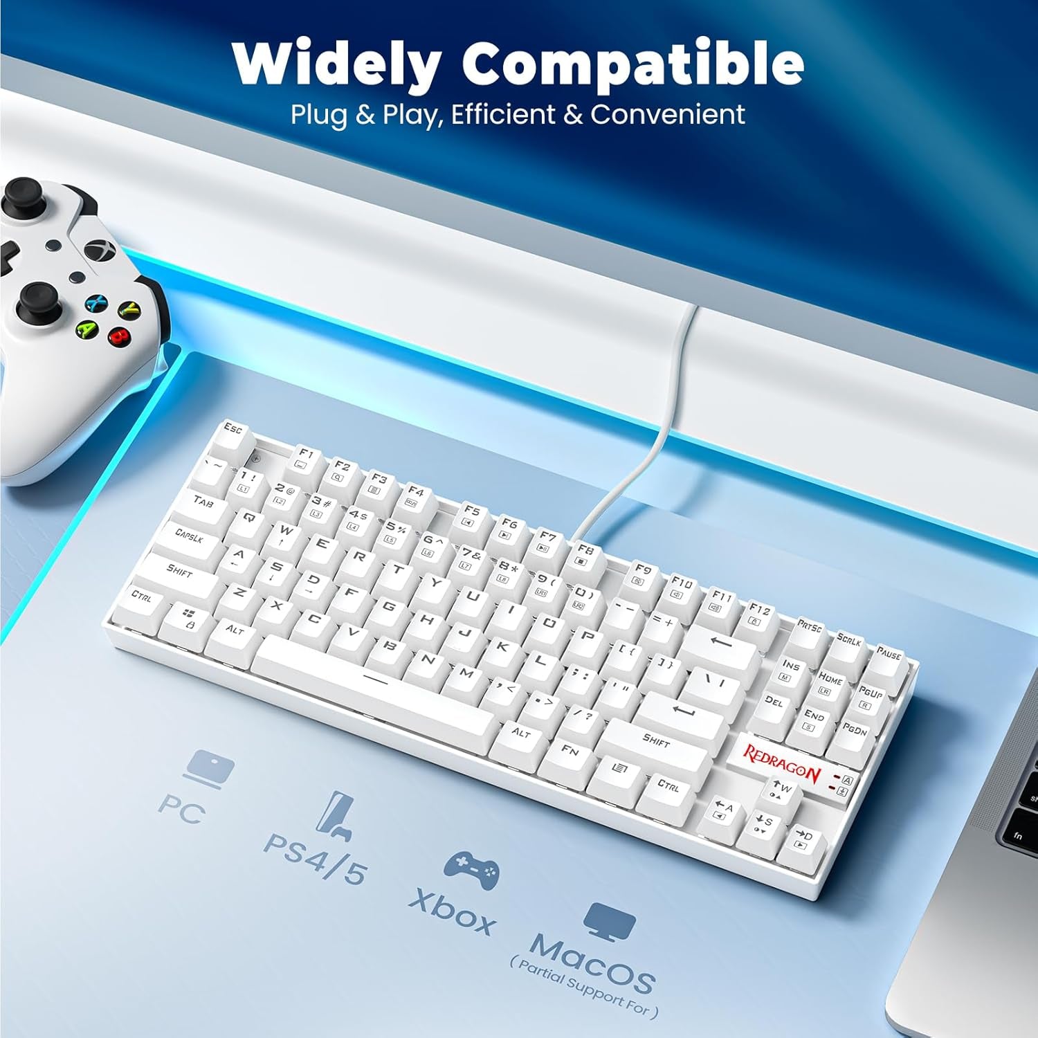 K552P Mechanical Gaming Keyboard TKL with 18 Backlight Modes, Hot-Swappable Blue Switches, 87-Key Compact Ergonomic Design, N-Key Rollover & Software Programmable Macro - RGB, White