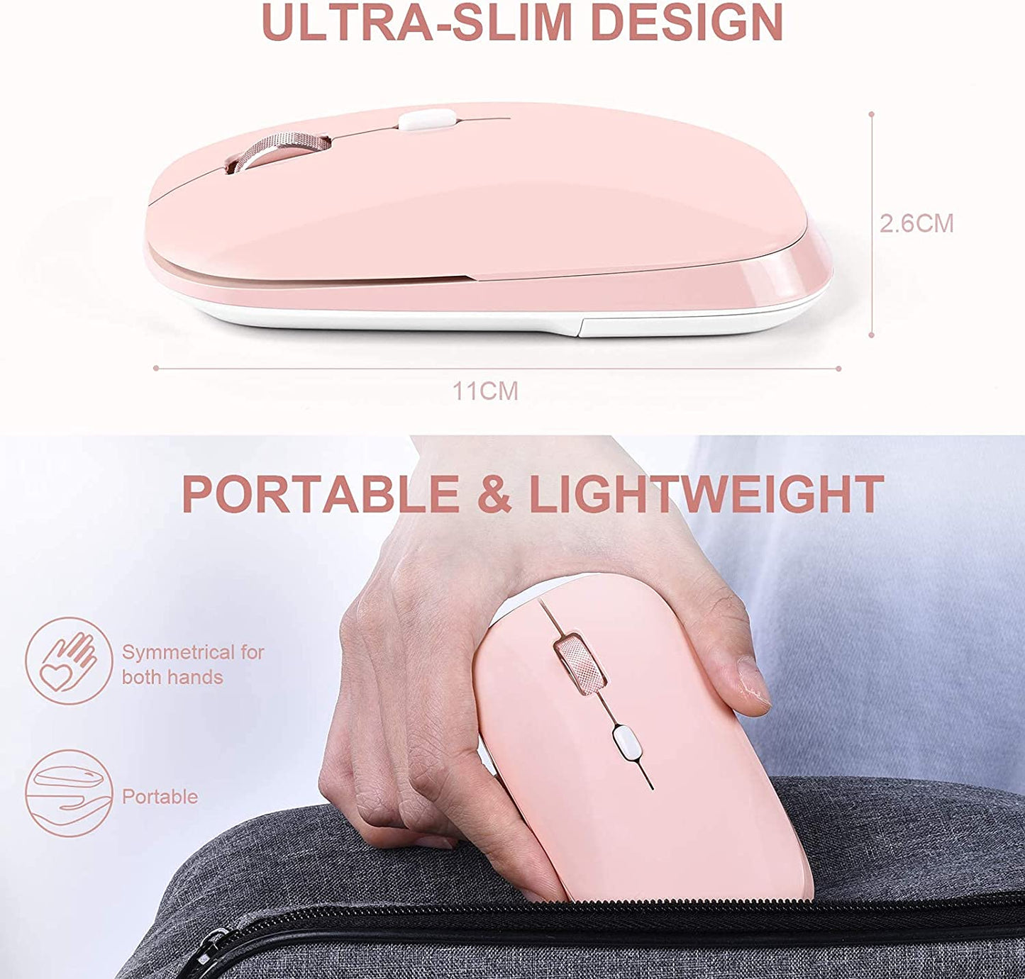 Wireless Flat Mouse, 2.4G Optical Mouse, Computer Mouse for Laptop, PC, Computer, Chromebook, Notebook, Especially Designed for Computer Bags (Pink)