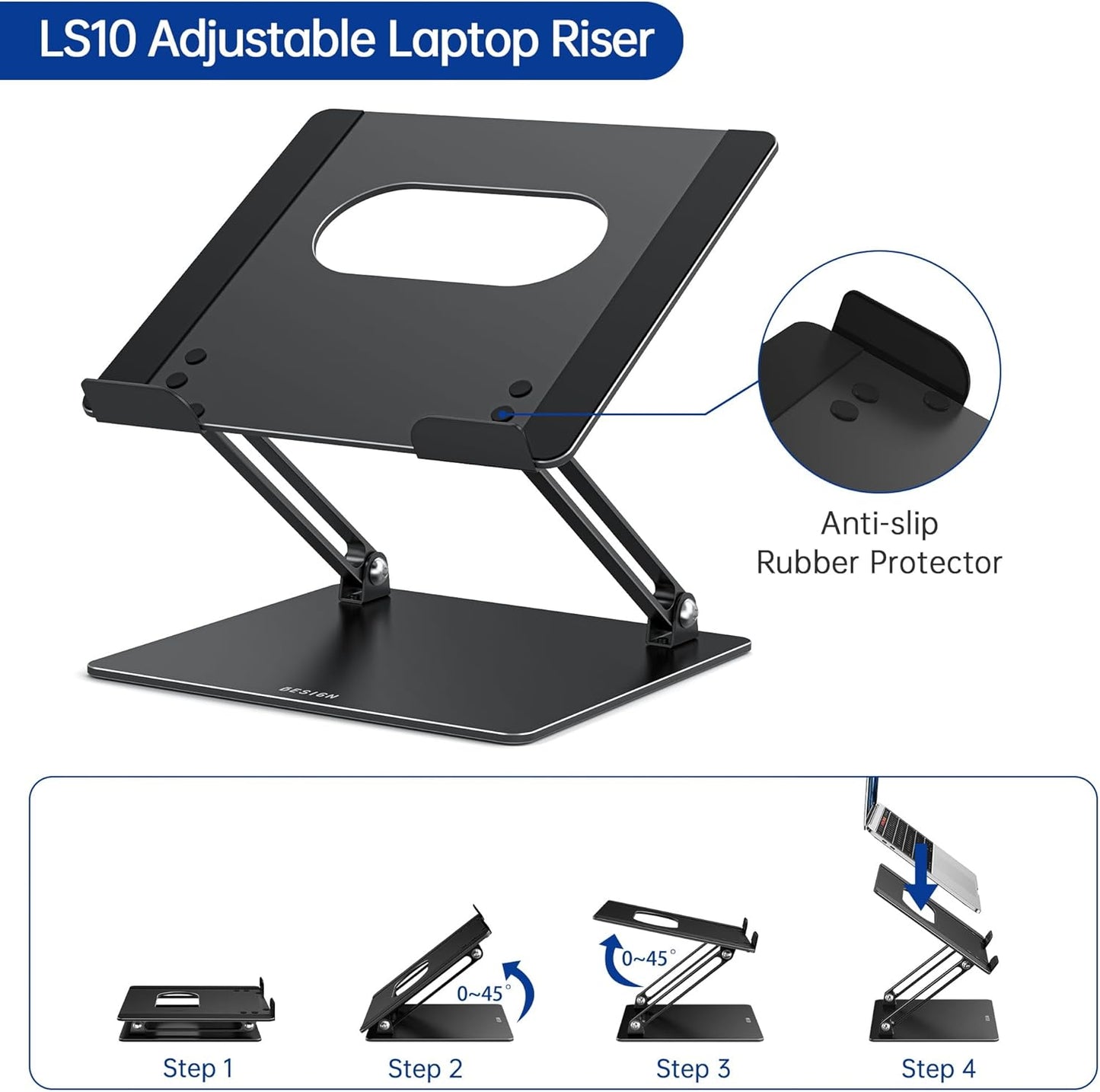 LS10 Aluminum Laptop Stand, Ergonomic Adjustable Notebook Riser Holder Computer Stand Compatible with Air, Pro, Dell, HP, Lenovo More 10-14" Laptops, Black